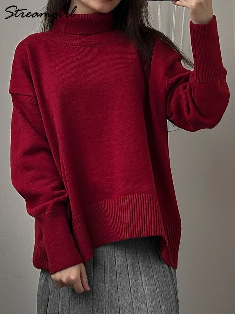 ฤดูหนาว Burgundy เสื้อกันหนาวผู้หญิงเสื้อคอเต่า WARM Pullovers ถักเสื้อสีน้ําตาลจัมเปอร์ผู้หญิงขนาดใหญ่หนา Basic เสื้อกันหนาวผู้หญิง