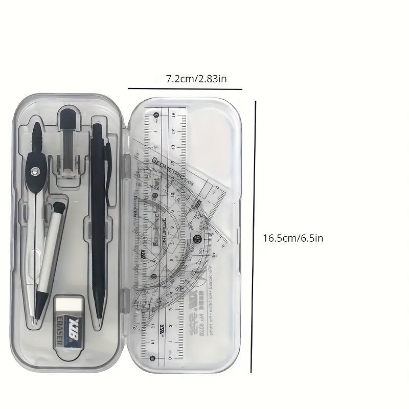 8PCS Drawings for Geometry School Compasses, Mechanical Pencils, Protractors, Rulers, and Tripods, with Storage Boxes