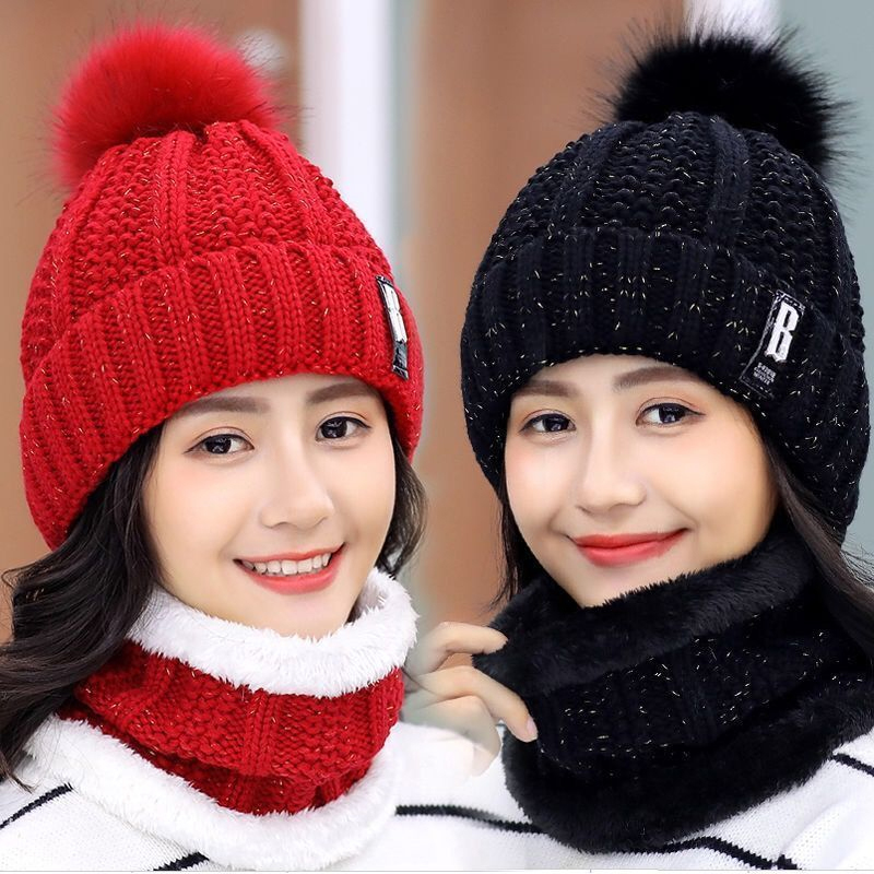 Gorros gruesos y cálidos para mujer, conjunto de bufanda de punto, gorro para ciclismo al aire libre, gorro de esquí, gorros de invierno