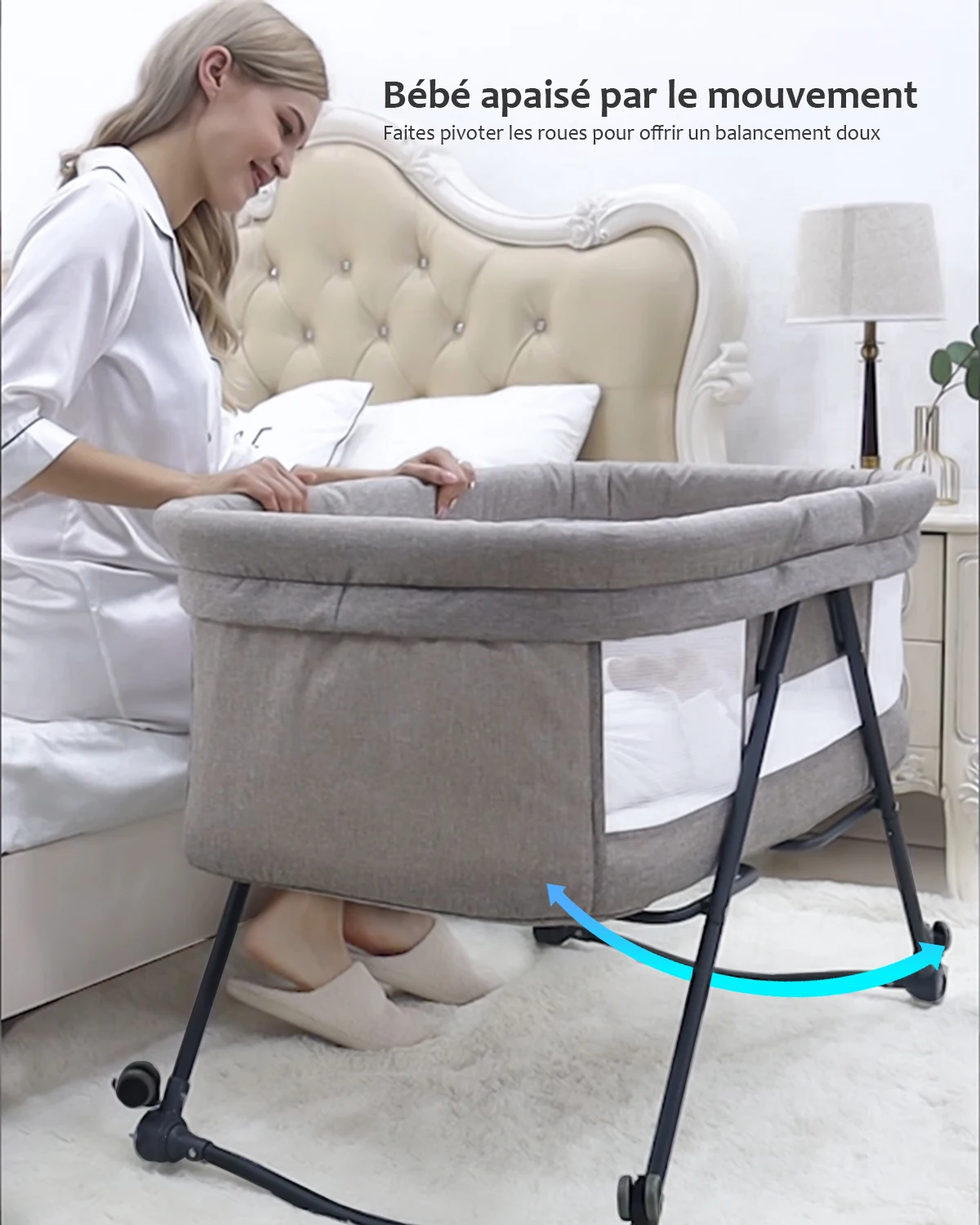 UUBRAVOO Lit de Voyage  bébé, Lit Bebe avec Matelas et silencieuses Roues  , Berceau à Bascule Transformable, XYT-001