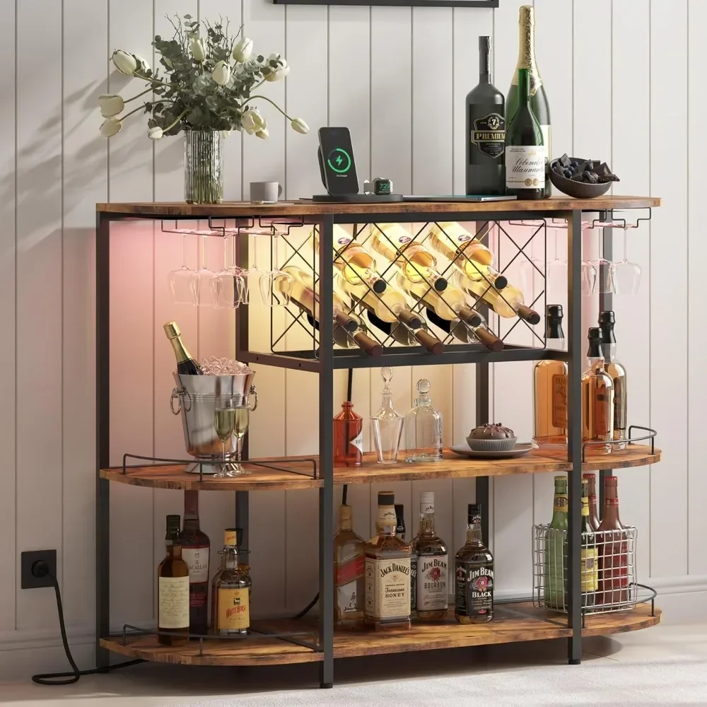 Wine Cabinet Coffee Table with Power Socket and LED Light, Three Tiers Coffee Bar Table Wine Rack Liqour Bar with Large Storage