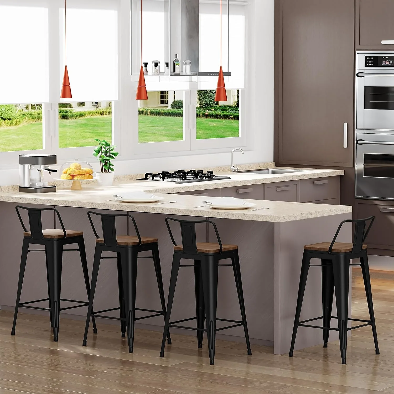 24" Metal Barstools Set of 4, Matte Black Counter Height Bar Stools, Industrial Counter Bar Chairs with Wood Top Low Back