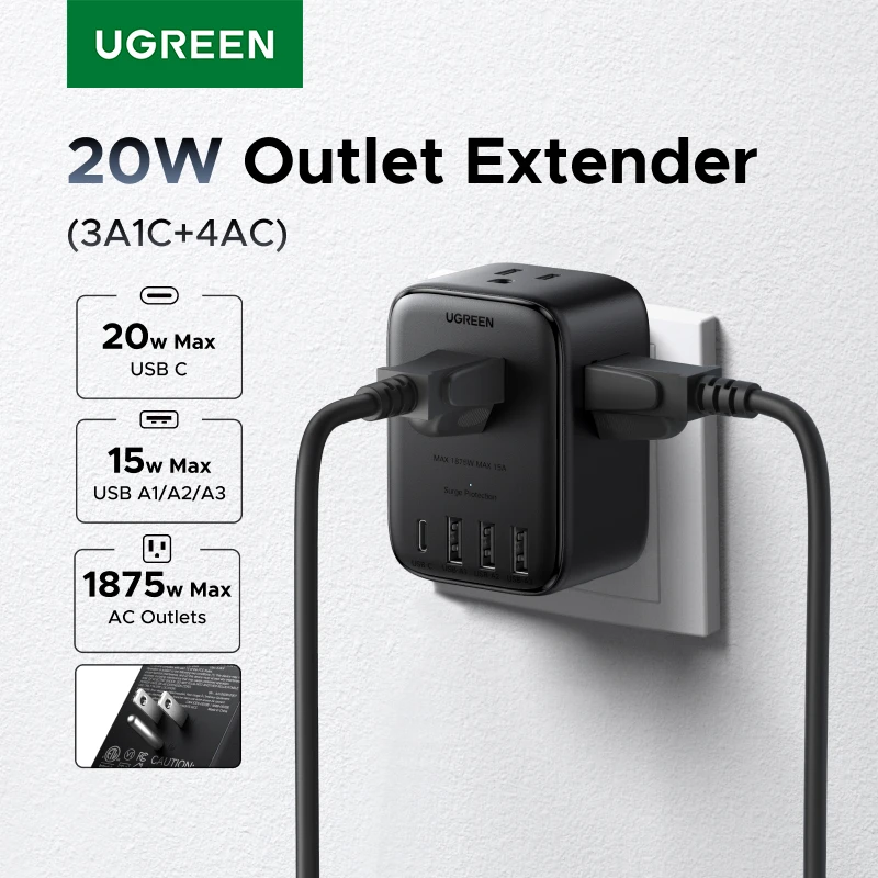 UGREEN Extensor de salida Regleta de alimentación de 20 W 4 salidas de CA 3 USB-A 1 USB-C Cargador de pared para viajes de oficina en casa 1875 W 15 A 125 V