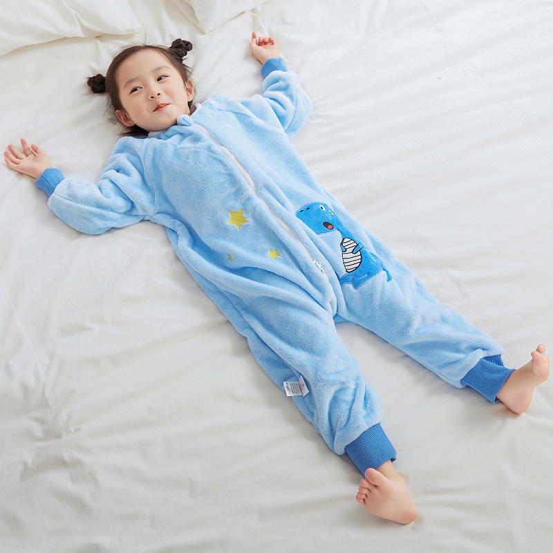 MICHLEY-saco de dormir de franela de dinosaurio azul para bebé y niño, ropa de dormir de invierno, mono bonito de dibujos animados, pijama con pies para niño y niña