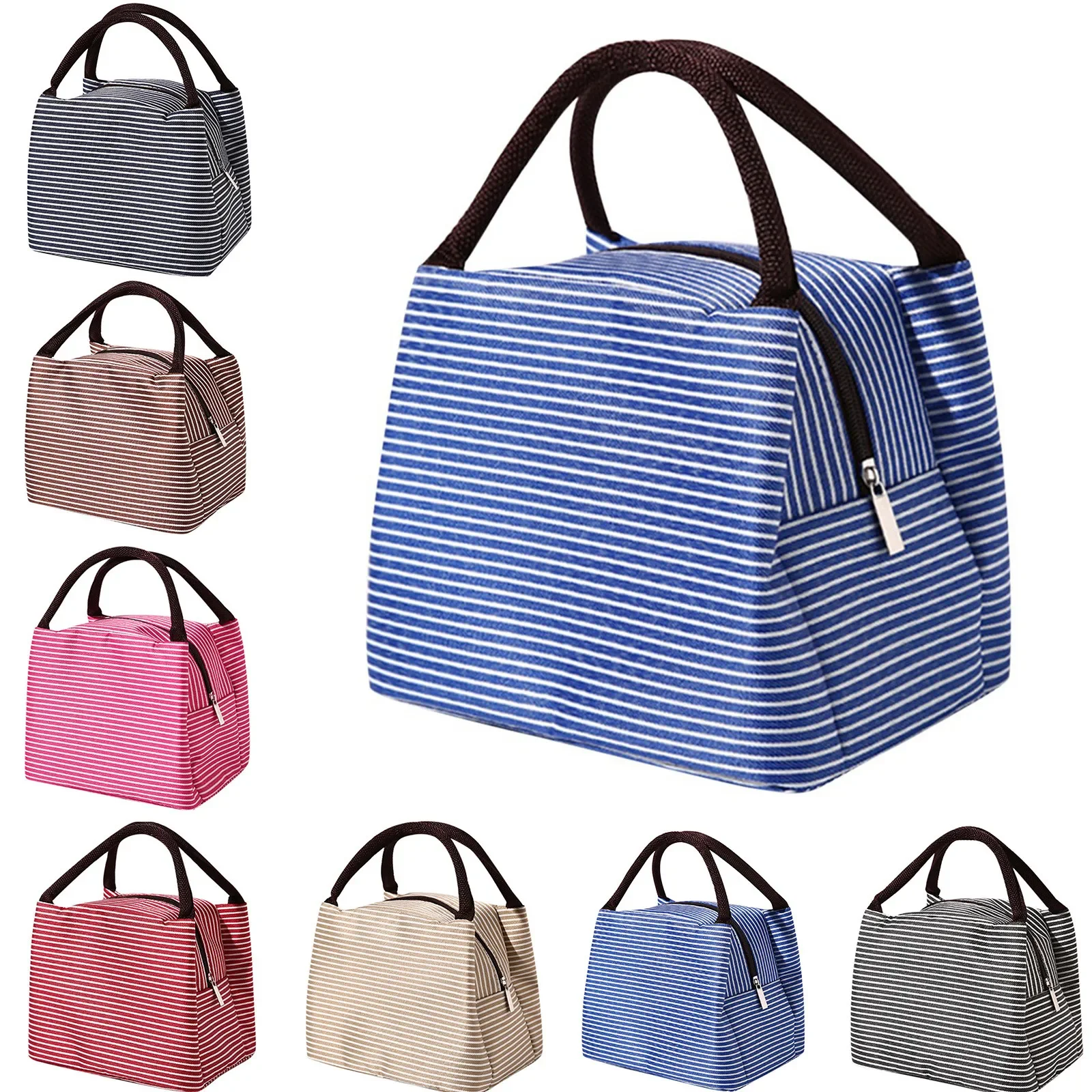 Bolsa de almuerzo cuadrada portátil multicolor, lavable, a rayas, reutilizable, con aislamiento de pelusa, bolsa Bento