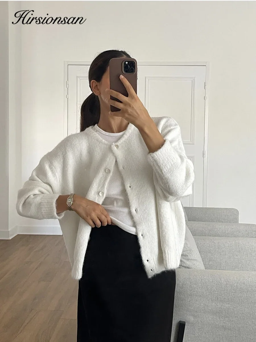 Hirsionsan-suéter elegante de manga larga para mujer, cárdigan informal de un solo pecho, prendas de vestir de punto de Cachemira suave 2024
