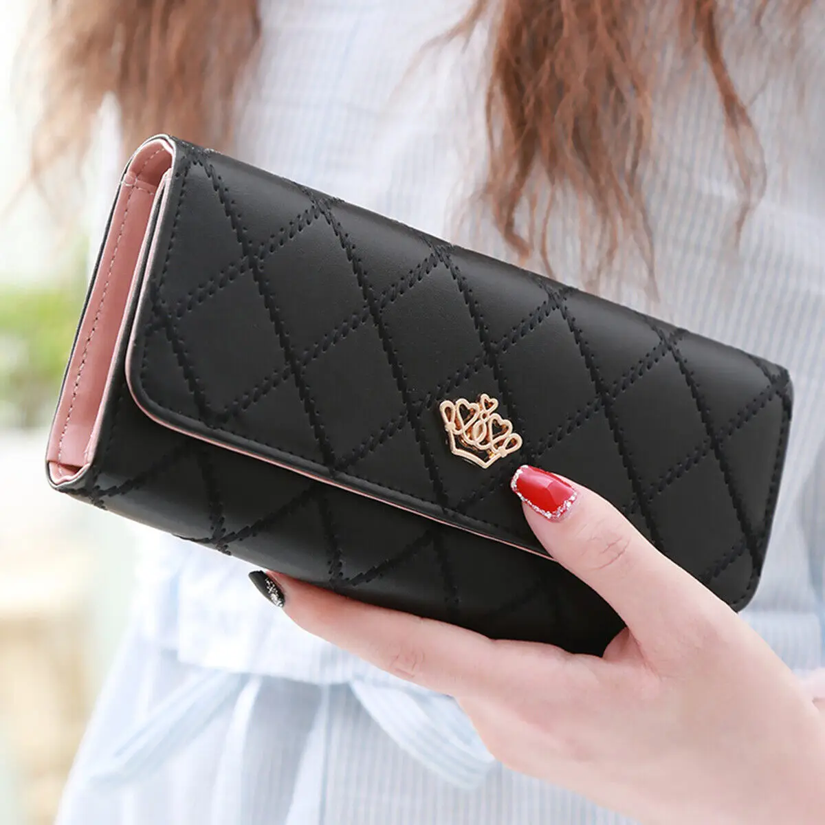 Carteras largas negras para mujer, monedero de cuero PU con patrón de diamantes, tarjetero, hebilla de corona, bolso de teléfono para mujer, bolso de embrague de moda
