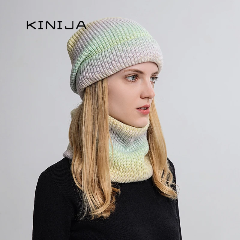 Frauen Winter Hut Gradienten Gestreiften Ski Hut Hals Wärmer Weibliche Tie Dye Beanie Russland Outdoor Verdicken Plüsch Hut + Schal set