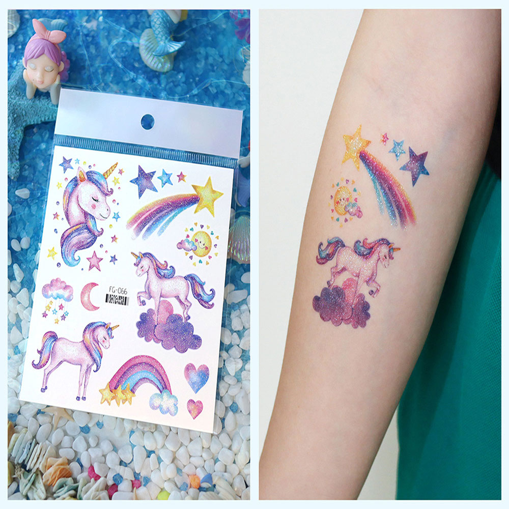 12 Uds. Tatuajes temporales impermeables de unicornio y sirena con purpurina para niños, tatuaje de dibujos animados con Flash de arcoíris para niños, tatuaje falso corporal