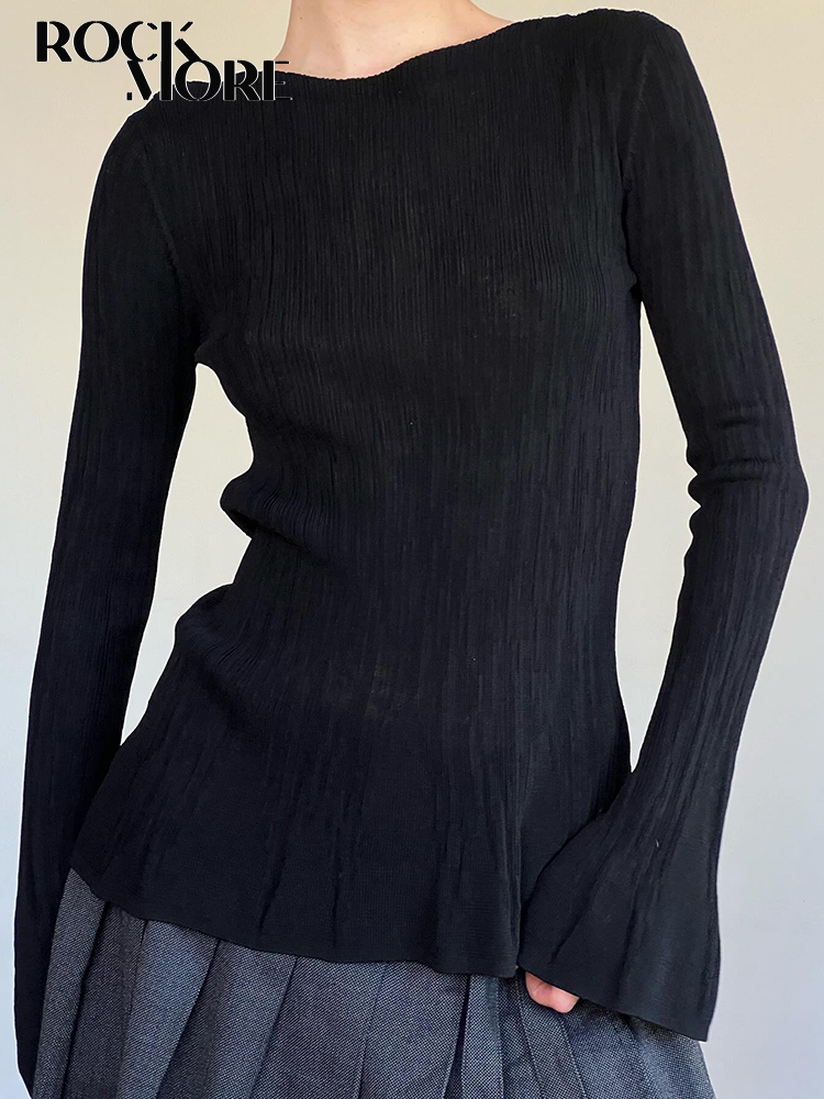 Rockmore Solidne plisowane koszulki z długim rękawem Rozkloszowane rękawy Wiosna Jesień Kobiety Slim Casual Ladies Crew Neck Basic Pullover Tops