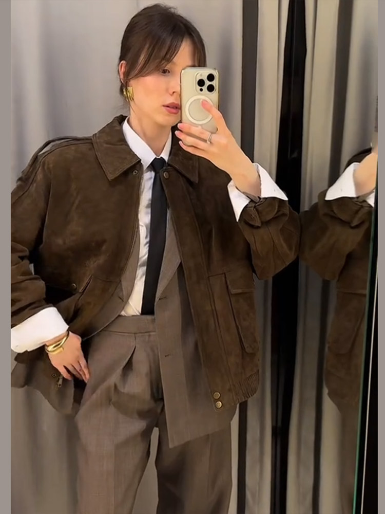 Casual Wildleder Revers Zipper Jacken Frauen Lose Braun Lange Ärmeln Jacke Weibliche 2025, Frühling Mode Chic High Street Outwear Tops