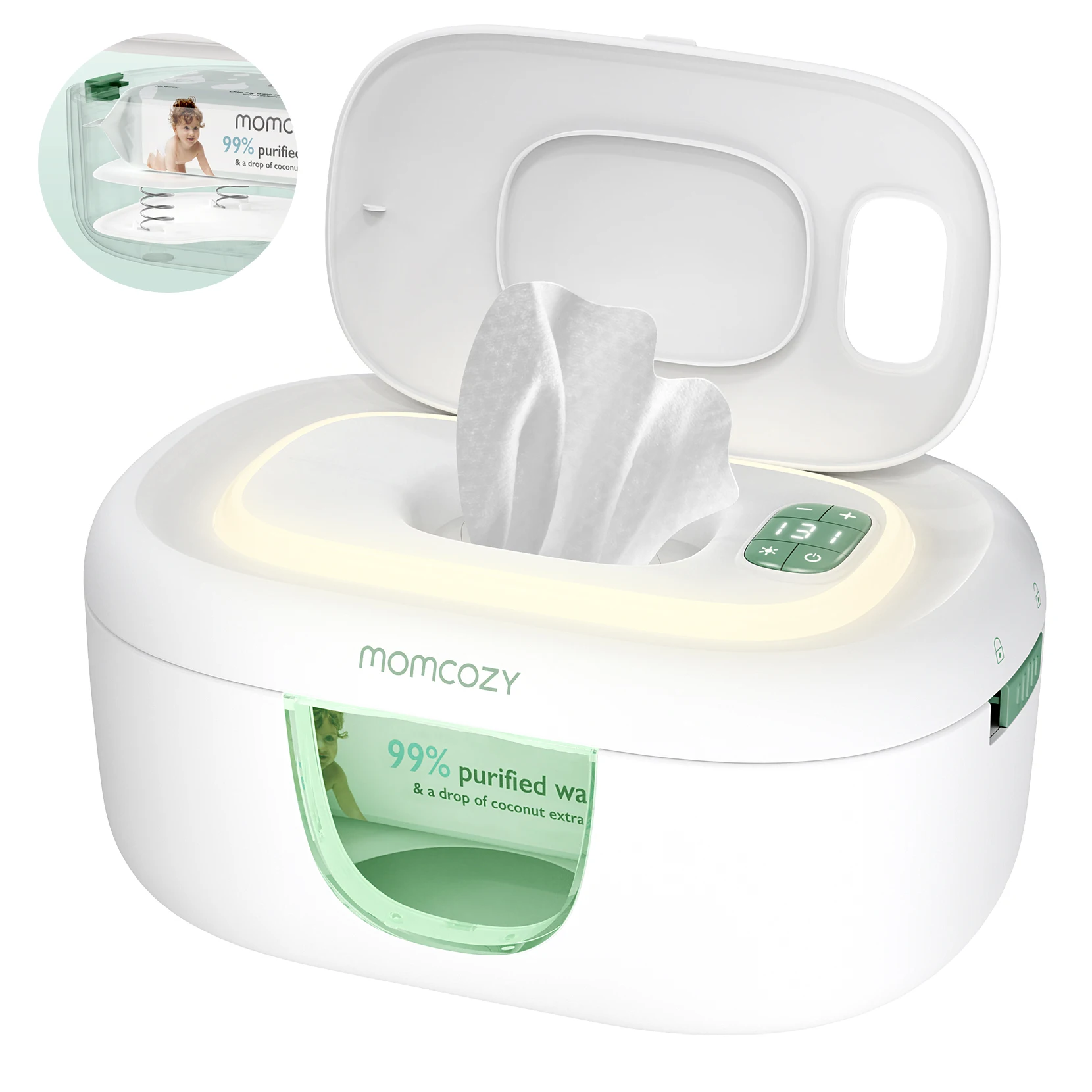 Aquecedor de lenços umedecidos Momcozy, grande capacidade, aquecimento rápido e uniforme, 4 modos de controle de aquecimento de temperatura, com luz noturna