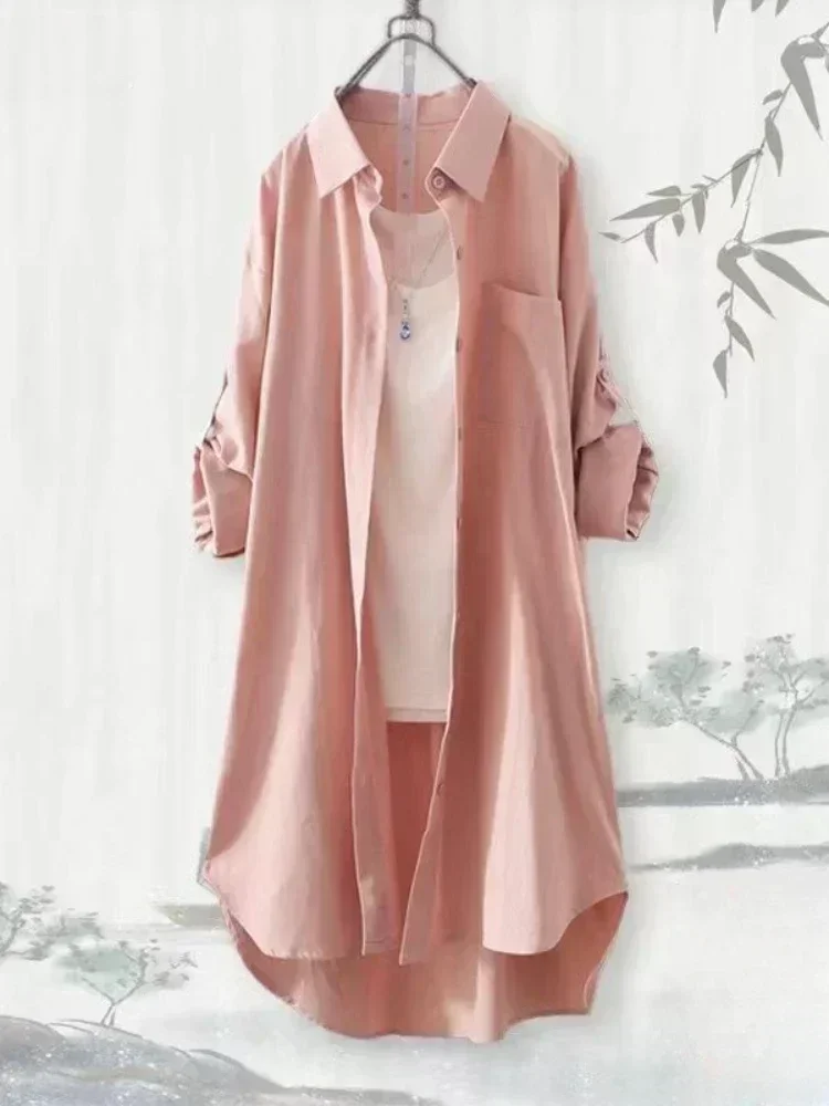 Plus Größe Lose Atmungsaktive Blusen Midi Hemd Koreanische Casual Herbst Shirts Frauen Einfache Feste Weibliche Lange Ärmeln Shirts
