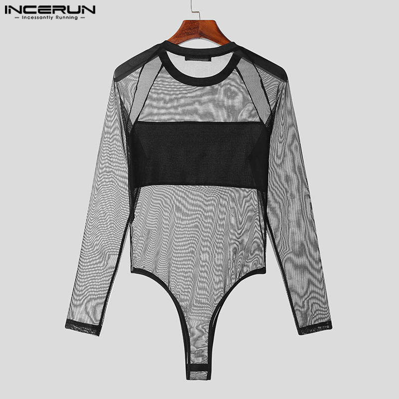 Incerun-メンズ長袖ボディスーツ,ニット,パッチワーク,ラウンドネック,セクシー,ファッショナブル,2023