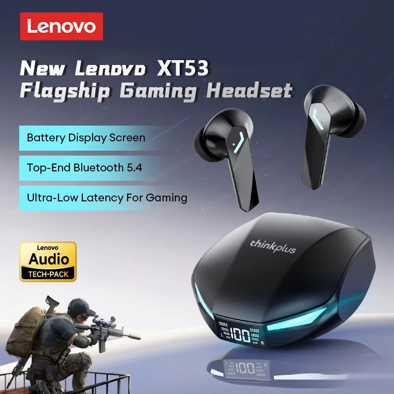 Lenovo XT53 Bluetooth 5,4 auriculares inalámbricos pantalla Digital LED auriculares deportivos impermeables llamada HD auriculares para juegos con cancelación de ruido