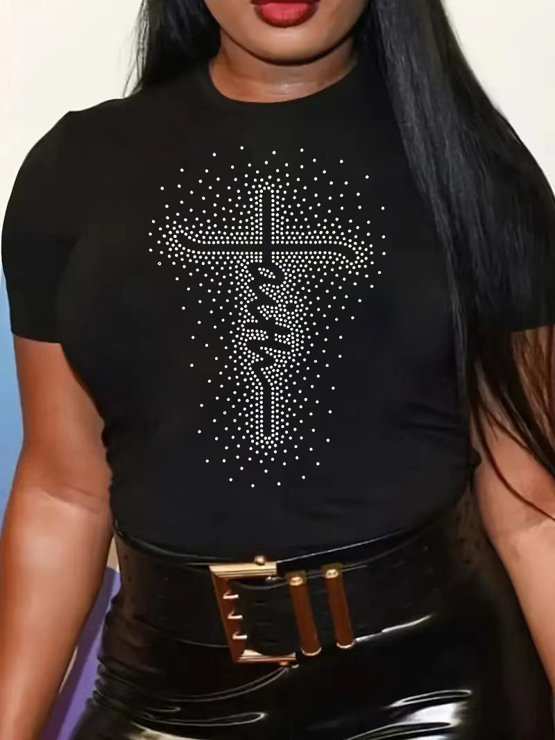 L-5XL プラスサイズの女性 Tシャツスパンコール半袖ラウンドネックルーズ夏トップスファッション黒オーバーサイズレディ Tシャツ 2024