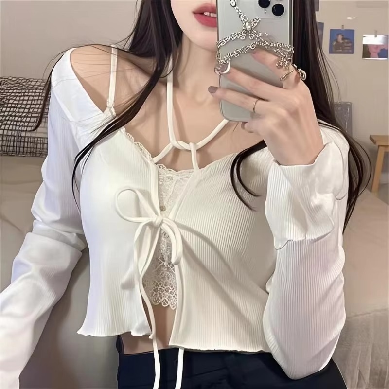 Cardigan de malha branco feminino verão fino protetor solar rendas malhas topos feminino estilo coreano manga alargamento curto casaco adorável