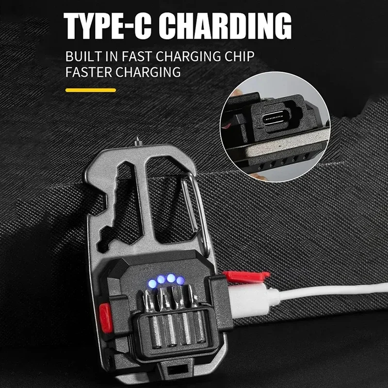 Tragbare Mini-LED-Schlüsselanhänger-Taschenlampe, eingebauter 500-mAh-Akku, Typ-C-Aufladung, Outdoor, Camping, Notfall, Sicherheitshammer, Arbeitslampe