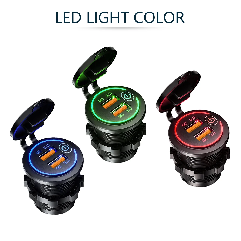 Cargador de coche rápido USB Dual Quick Charge 3,0, toma de corriente de 60W resistente al agua de 12V/24V con Interruptor táctil y luz Led resistente al agua