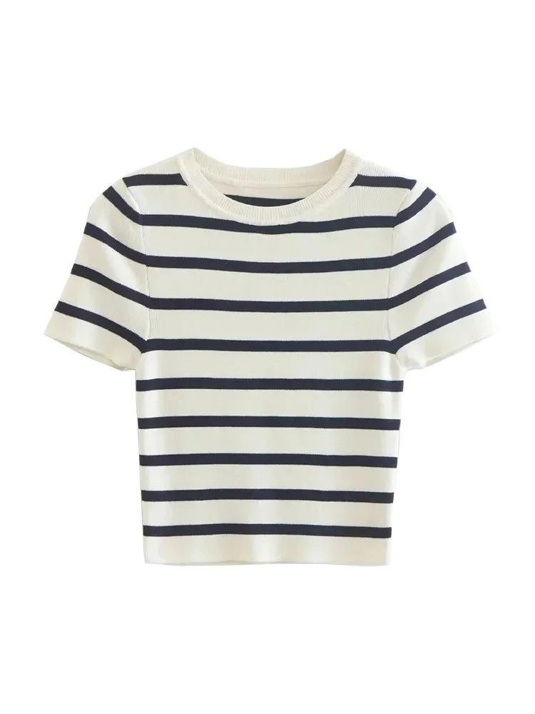Damesmode Gestreepte Basic Cropped Gebreide Trui Vintage O Hals Korte Mouw Vrouwelijke Truien Chique Tops