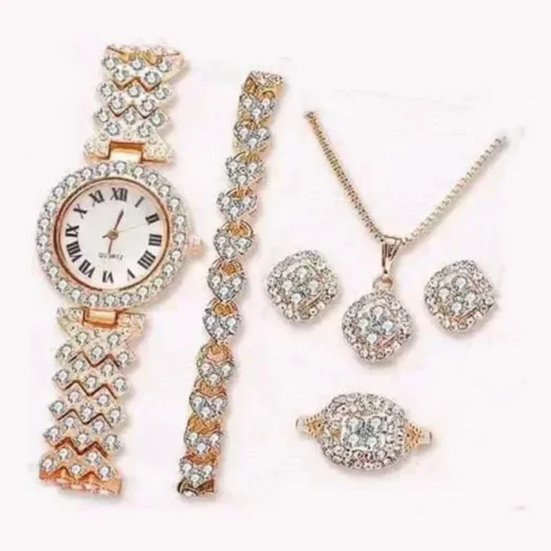 5 unids/set de reloj de cuarzo con incrustaciones de diamantes y patrón romano a la moda para mujer, accesorios de reloj de lujo versátiles de negocios a la moda