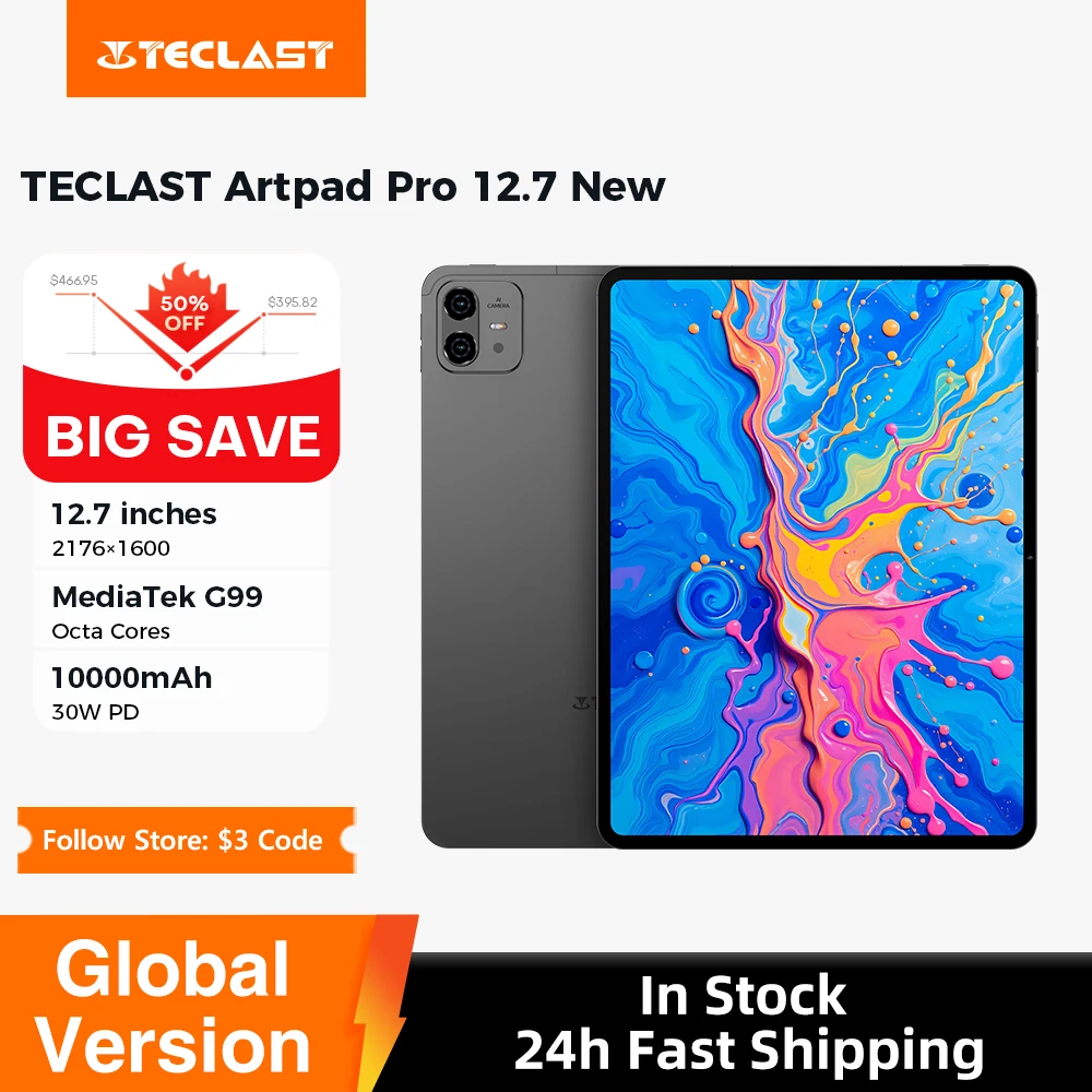 Estreia mundial Teclast ArtPad Pro 12,7" 2,2K UHD Display 8GB 256GB Helio G99 10000mAh 30W Carregamento rápido Android 15 Tablet (LTE)