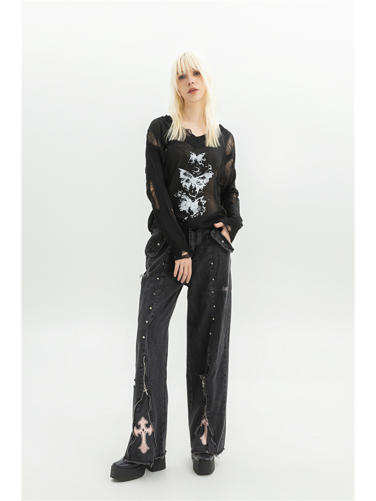 เสื้อผ้าผู้หญิง Black Gothic กางเกงยีนส์ 90s Aesthetic Y2k Oversize กางเกงยีนส์ Vintage Harajuku เกาหลี Emo 2000s ถังขยะ Jean กางเกง