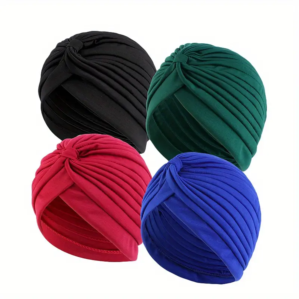 4 pçs/set cor sólida turbante boné elástico cabeça cachecol feminino quimio chapéus casual plissado cabeça envoltório
