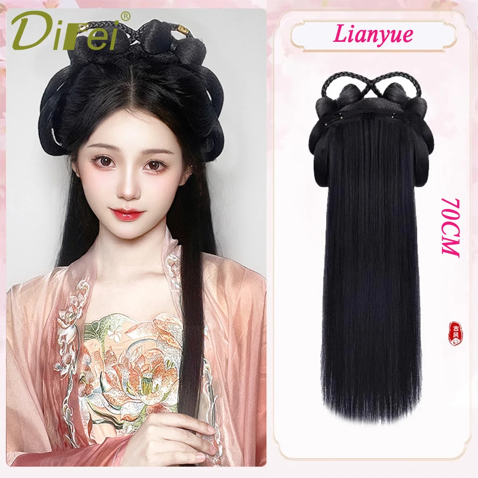 Bun sintético traje Hanfu, Classes chinesas Bun, Cabelo longo com meia cabeça Chignon, Peruca Headband