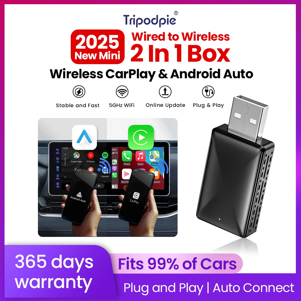 Tripodpie Wireless Carplay Adapter Android Auto Bluetooth Fast Connect Smart Dongle 2in1 Car Accessories Car Intelligent Systems