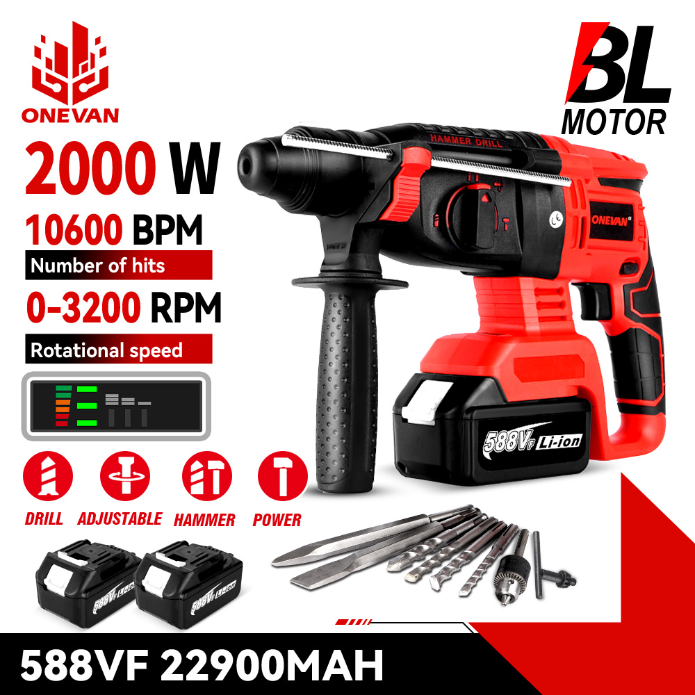 ONEVAN 2000 Вт Бесщеточная электрическая ударная дрель Многофункциональный роторный аккумуляторный электроинструмент для батареи Makita 18 В