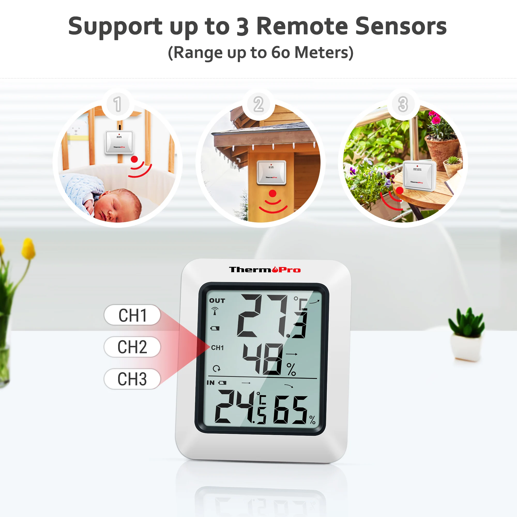 ThermoPro TP60C 60M Termómetro digital inalámbrico para interiores y exteriores Estación meteorológica higrómetro para el hogar