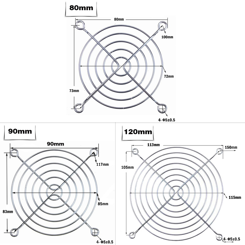 120 mm x 120 mm, 90 mm x 90 mm, 80 mm x 80 mm, Metall-Lüfterschutz mit Schraube für Computergehäuselüfter
