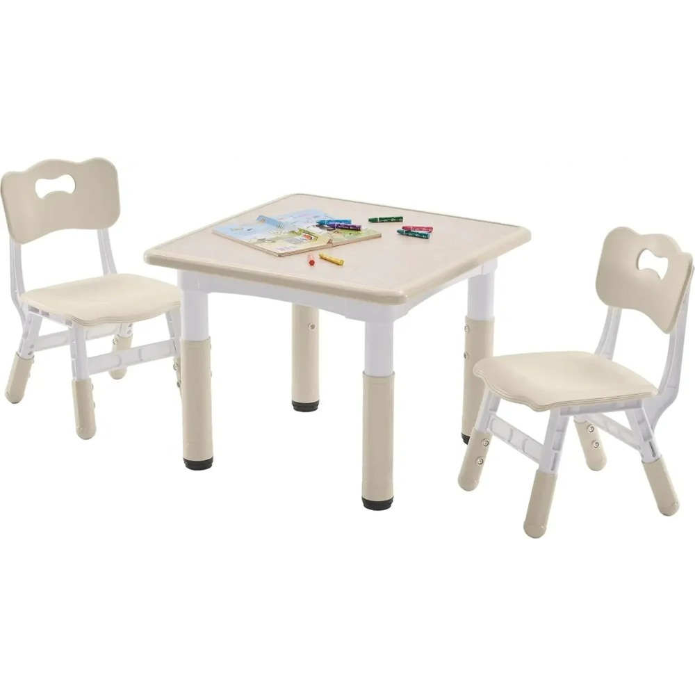 Kids Table and  Height-Adjustable Toddler Table and Chairs Set with Graffiti Desktop, 23.6''L x 23.6''W