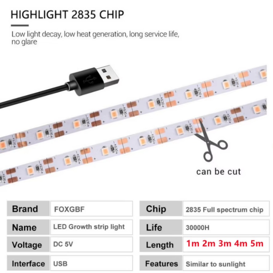 1-5m Plant Licht Groeien USB LED Strip 5V LED Volledige Spectrum Waterdichte LED Chip Voor kas Bloem Zaailing Kweektent Hydrocultuur