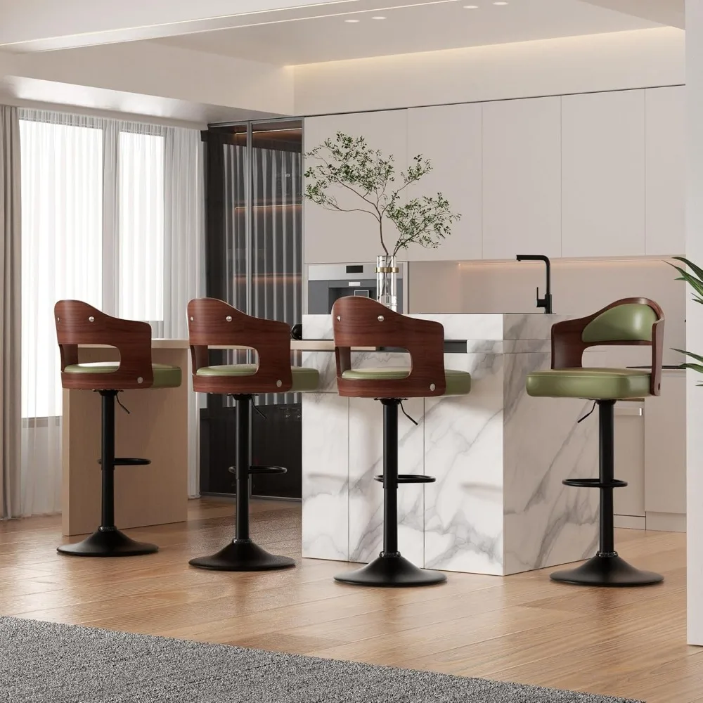 Swivel Bar Stools Set of 4 Seat Adjustable Height 24.5-33.5IN, Wooden Barstools PU Leather Upholstered Bar Chairs with Back & Fo