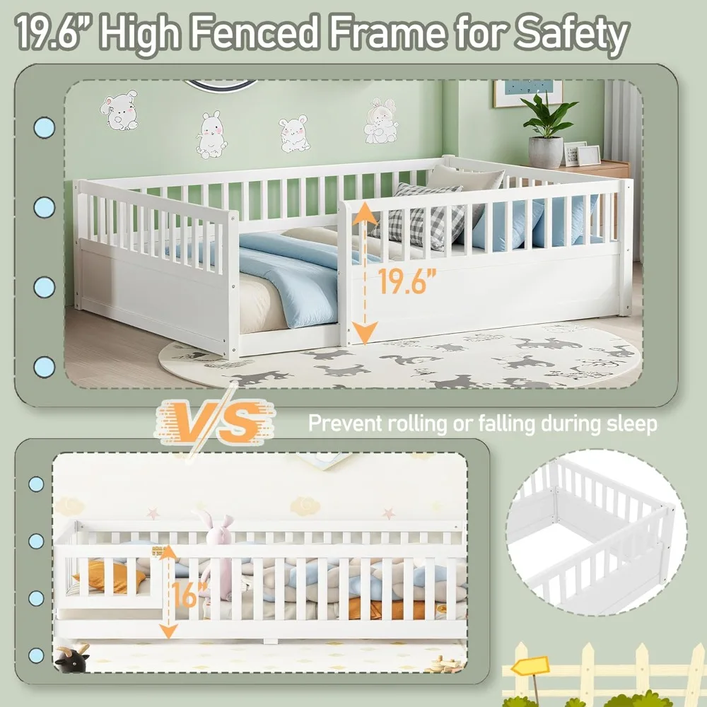 Full Size Floor Bed Frame with 19.6" High Fence, Solid Wood Low Platform Floor Bed Full for Kids, No Box Spring Needed