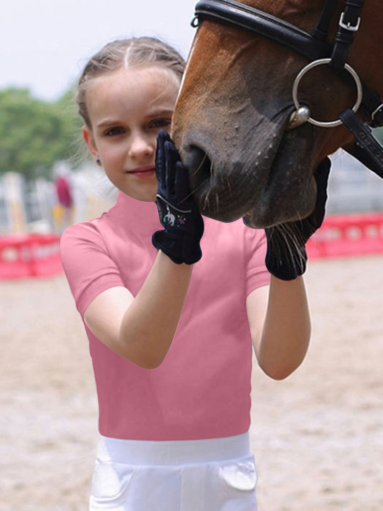 MXLLINA Meninas Equestre Mangas Curtas Tops Mulheres Verão Zíper Equitação Camisetas Esportes Camada Base Competição Show Top