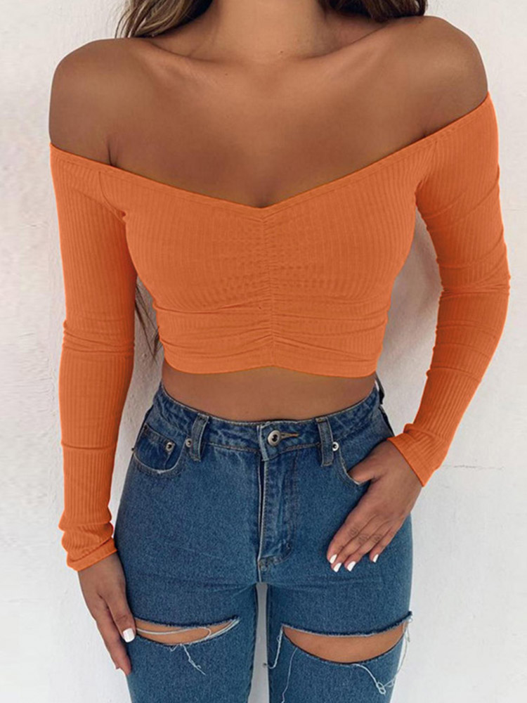 Camisetas para mujer, camiseta sexy y a la moda para discoteca, camiseta de manga larga con hombros descubiertos, camiseta de color sólido para mujer, camisetas básicas de otoño