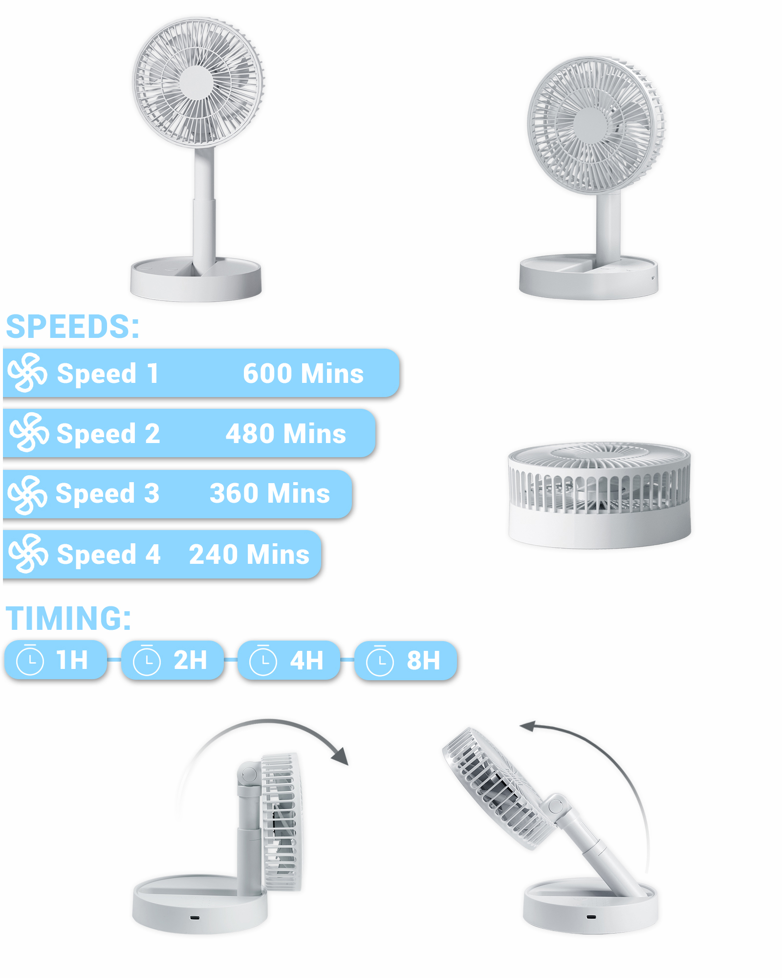 Ventilador dobrável USB com 4 velocidades e cronometragem, mini ventilador operado por bateria para quarto, interno ou externo, ventilador de mesa