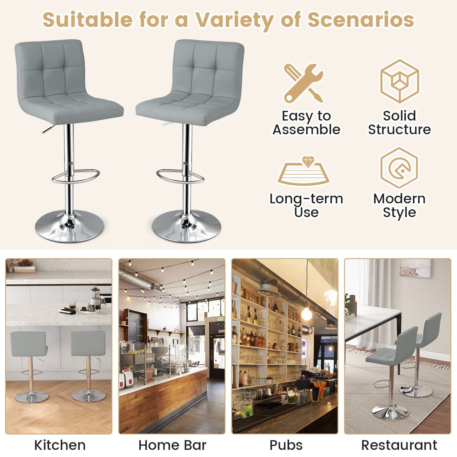 GOFLAME Set of 2 Bar Stool PU Leather Counter Height Chair 360° Swivel Adjustable Height