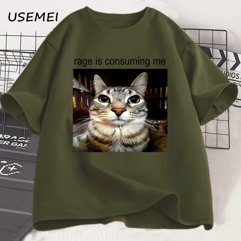 怒りは私を消費愚かな見つめる猫ミーム Tシャツカジュアルコットン半袖 Tシャツ男性女性猫恋人 Tシャツ特大