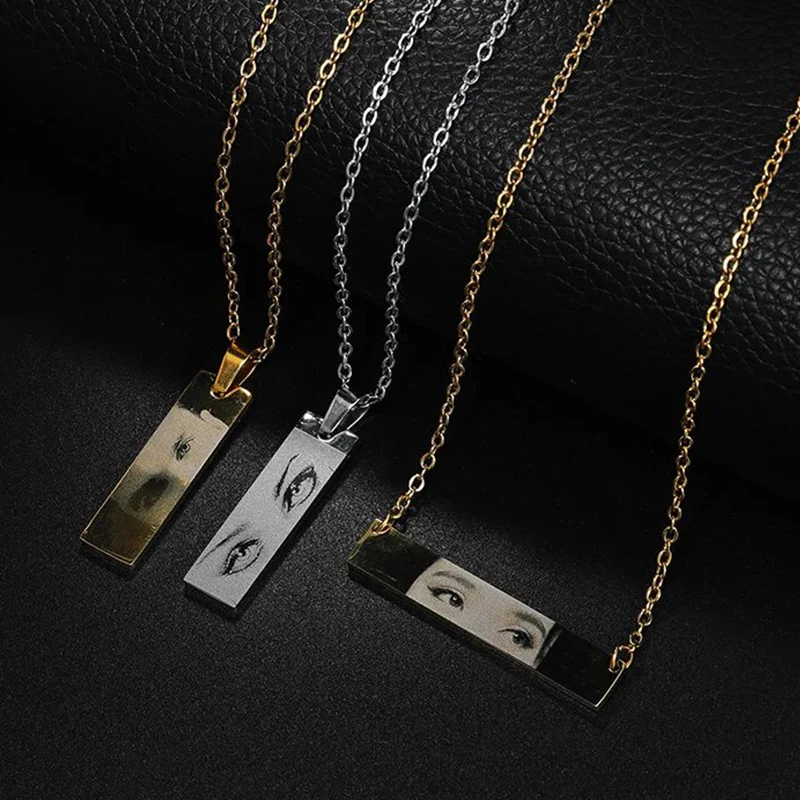 Letdiffery カスタム彫刻目ネックレス女性男性ステンレス Sreel レーザー彫刻写真名スクエアペンダントジュエリーギフト