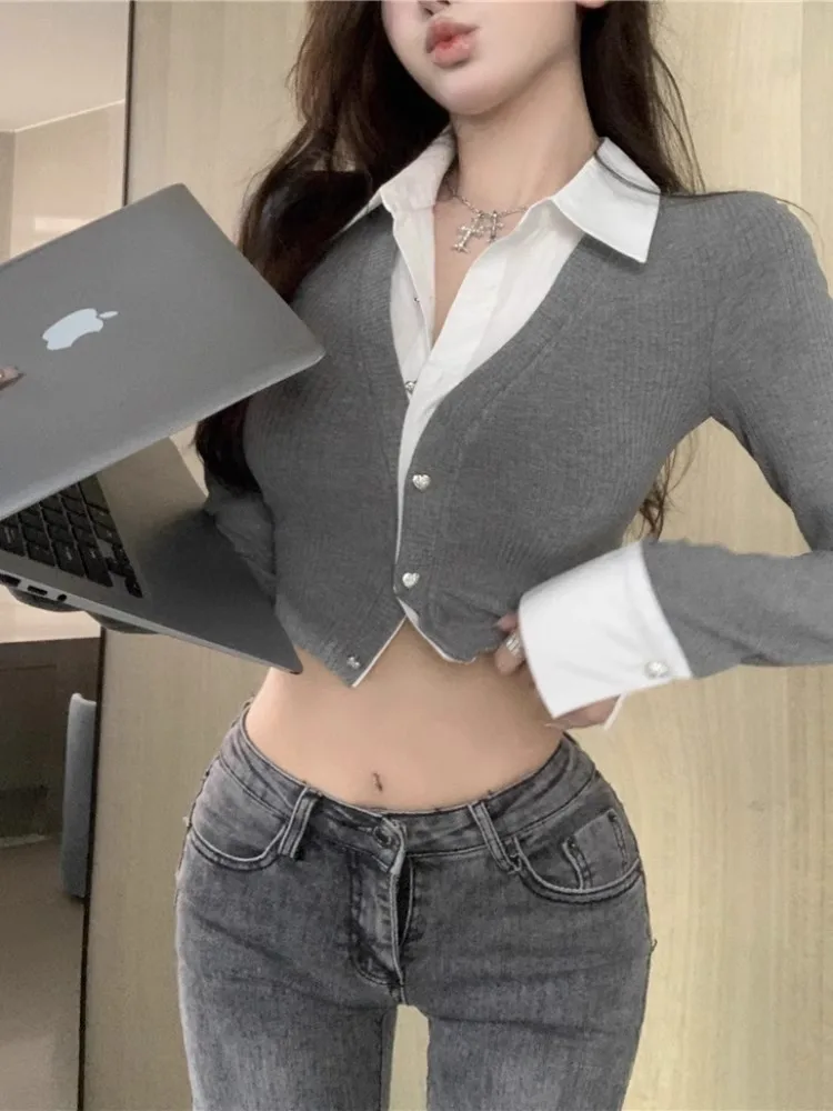 セクシーなショートセクシーなシャツ偽ツーピースシャツ通勤スタイルスリムフィットポリエステル繊維長袖ポロカラー Tシャツ若い女性のための