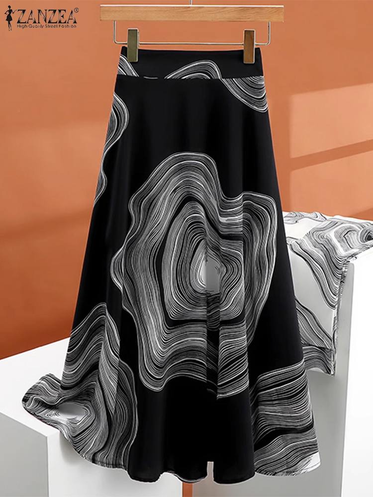 ZANZEA été élastique taille haute jupes femmes de luxe imprimé a-ligne Jupe mode coréenne bureau Faldas Vintage vacances Jupe Midi
