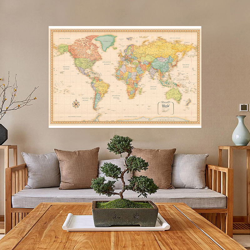 Mapa świata klasyczny Vintage włóknina na płótnie malarstwo ścienne plakat artystyczny Home Decor biuro szkolne 150*100cm