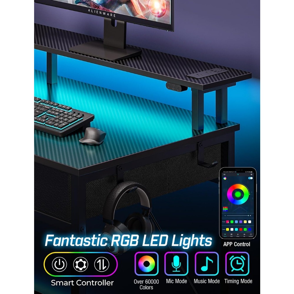 Computer Desk with Power Outlets & LED Light, 39 inch Home Office Desk with 3 Drawers and Storage Shelves, Writing Desk