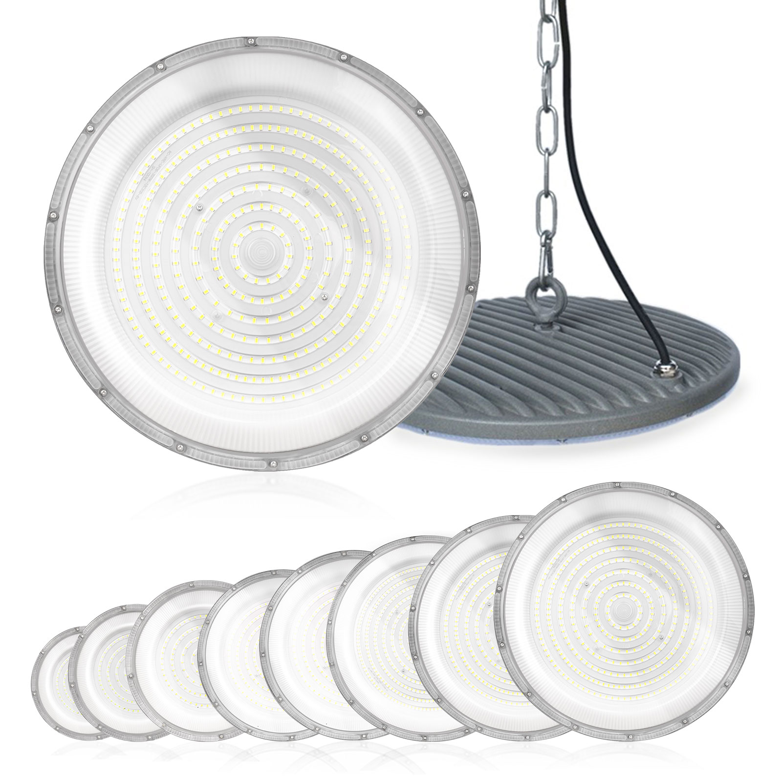 หลอดไฟ LED ทรงสูงรูปยูเอฟโอ50W-600W IP66ความสว่างสีขาวนวล AC85-265V กันน้ำและกันฝุ่นสำหรับอุตสาหกรรมกำแพงสวนกลางแจ้ง