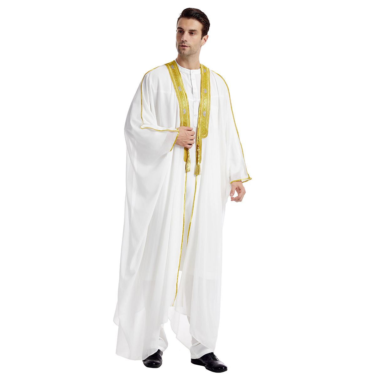 Bata de manga larga con contraste bordado para hombre, capa Thobe, Abaya, Burqa, Ramadán, islam, Color saudita