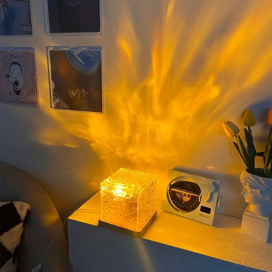 Wasser Welligkeit Projektor 3/16 Farben Nachtlicht Flamme Kristall Lampe Hause Häuser Dekoration Sonnenuntergang Lichter Geschenk Rotierenden Licht